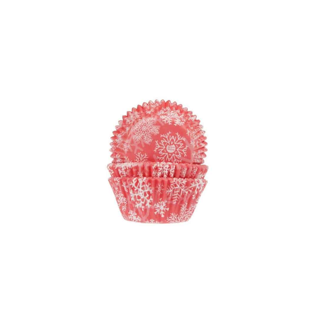 Moldes rojos para cupcakes navideños con estampado de copos de nieve
