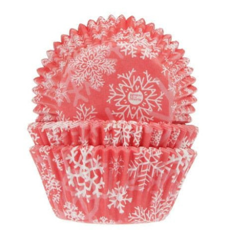 Moldes rojos para cupcakes navideños con estampado de copos de nieve
