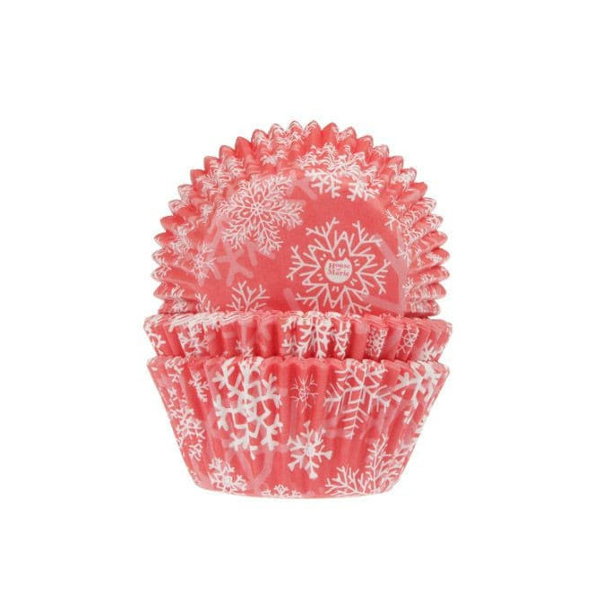 Moldes rojos para cupcakes navideños con estampado de copos de nieve