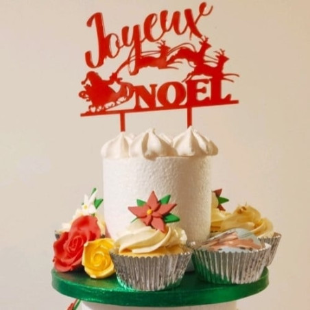 Adorno para tarta navideña roja con trineo de Papá Noel y renos