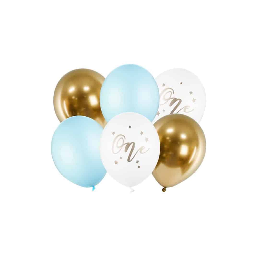 6-globos-1 año-azul-pastel-blanco-oro