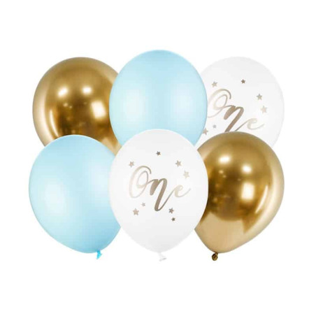 6-globos-1 año-azul-pastel-blanco-oro
