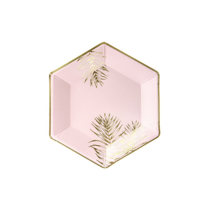 6-platos-llanos-de-carton-rosa-con-follaje-dorado