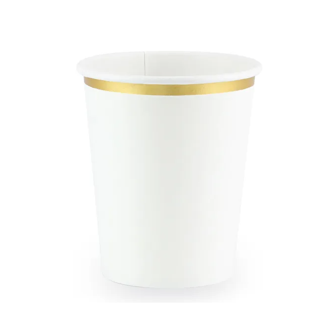 6 vasos de cartón blanco con ribete dorado.