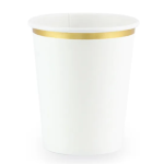 6 vasos de cartón blanco con ribete dorado.