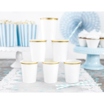 vasos de cartón blanco con ribete dorado
