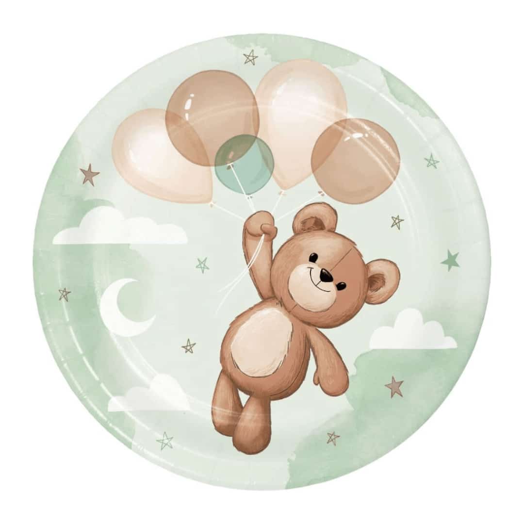 plato de postre con osito de peluche