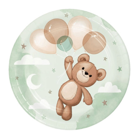 plato de postre con osito de peluche