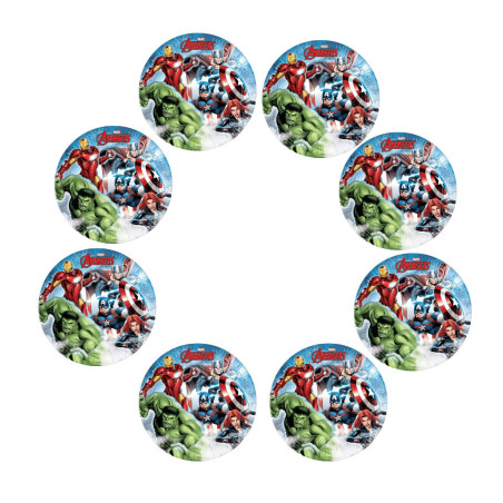 Presentación de los 8 platos de papel Avengers Infinity Stones