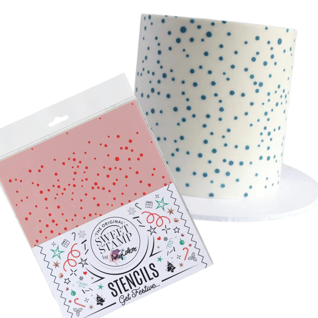 Plantilla de nevadas con sello dulce y visualización en un pastel de capas