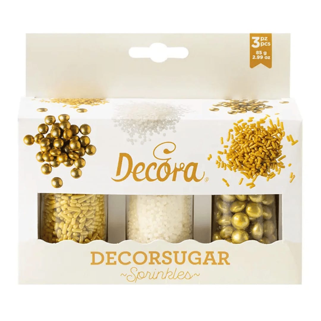 Trío de chispitas doradas y blancas.
