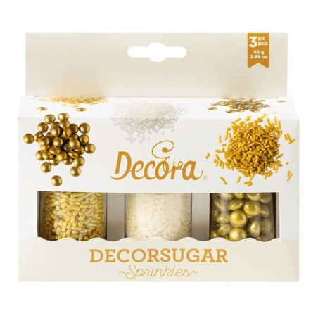 Trío de chispitas doradas y blancas.