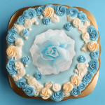 Diseño de pastel decorativo con flor de oblea azul gigante