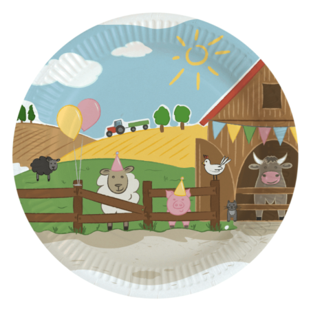 8 platos de papel con temática de granja de 23 cm