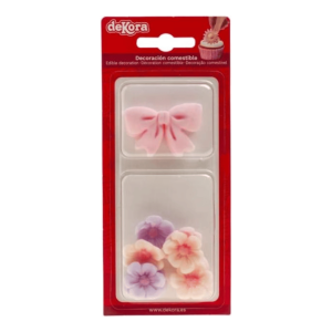 Flores de azúcar y lazo rosa Dekora