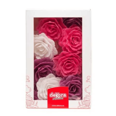 rosas de oblea blancas, lilas y rosas