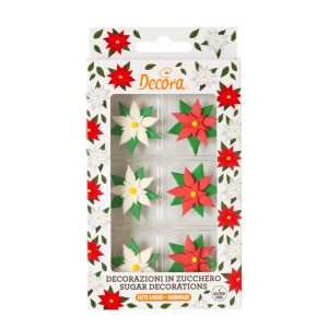 6 flores de azúcar de poinsettia rojas y blancas