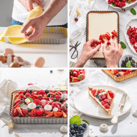 Tarta de frutas con molde rectangular y base desmontable.