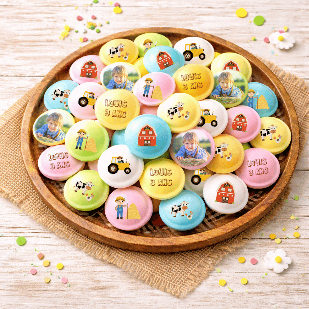 Caramelos de cumpleaños personalizables con temática de granja.