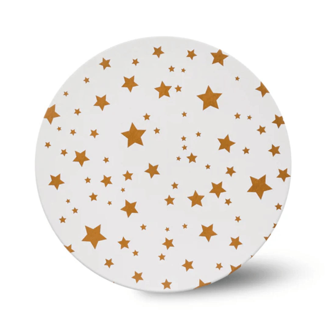 Base redonda para tartas, 25 cm, blanca, con estampado de estrellas doradas.