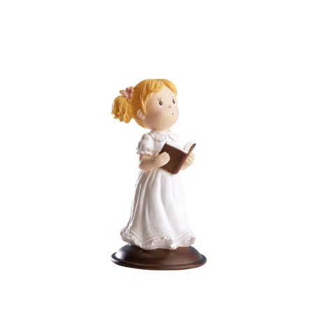 Figurita para pastel de comunión de niña sosteniendo una Biblia