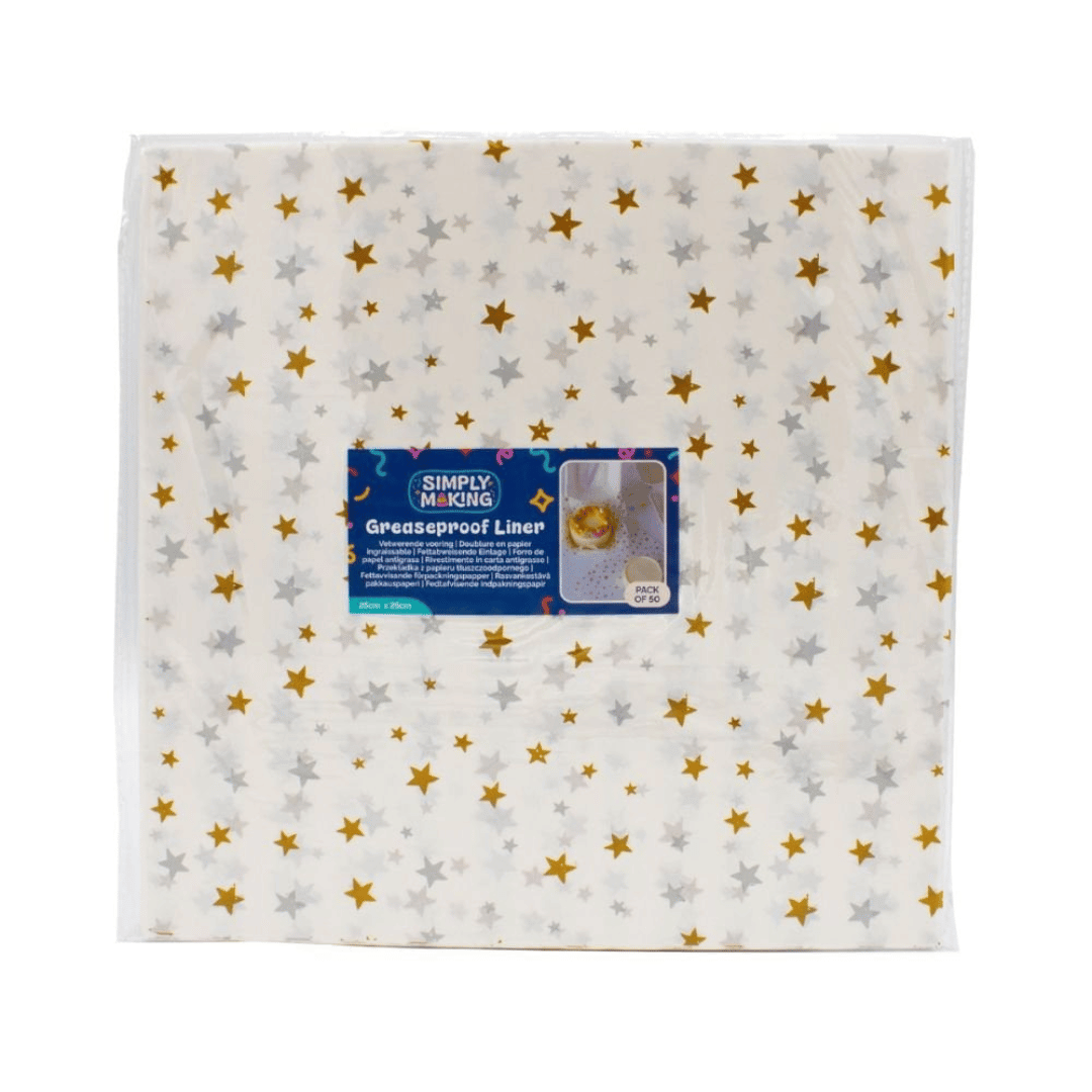 50 hojas de papel pergamino para pasteles bento con un estampado de estrellas doradas y plateadas.