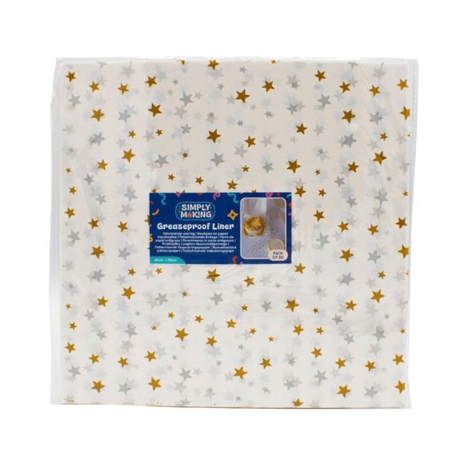 50 hojas de papel pergamino para pasteles bento con un estampado de estrellas doradas y plateadas.