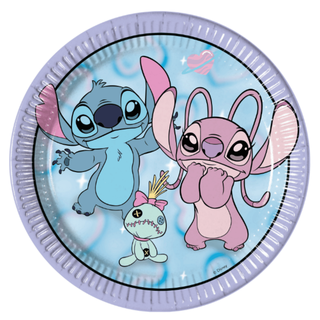 Platos de papel de cumpleaños de Stitch y Angel
