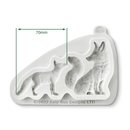 Dimensiones de un molde de silicona para modelar un zorro y su cachorro.
