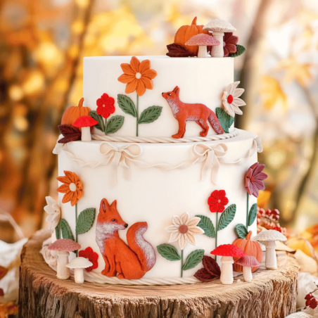 Decoración de tarta con temática de animales del bosque: zorros