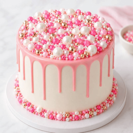 Decoración de pastel con perlas de azúcar rosas y blancas que gotean