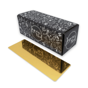 Caja de madera negra con motivos navideños y base.