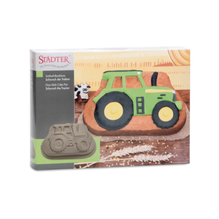 Molde para tartas con forma de tractor, fácil de usar, ideal para cumpleaños infantiles.