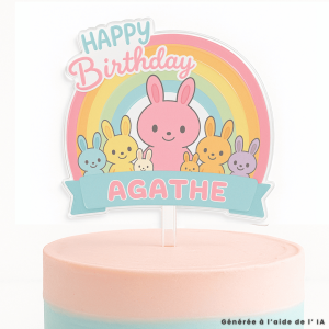 Adorno personalizado para tarta de conejito con nombre y mensaje.