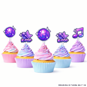 6 adornos morados para cupcakes K-Pop para un cumpleaños