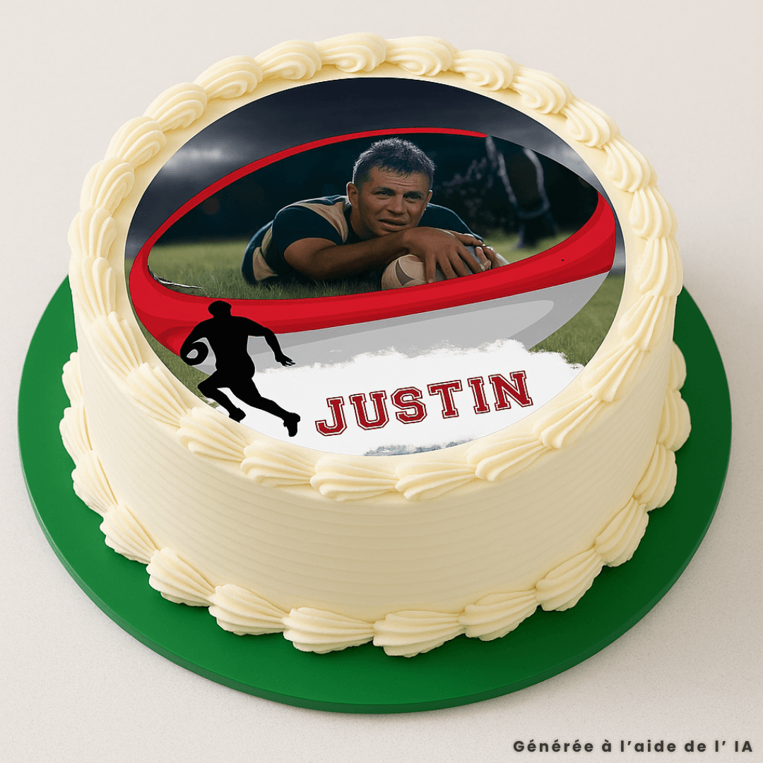 Foto redonda comestible de rugby de 24 cm, personalizable.