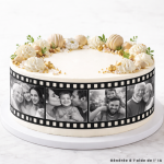 Esquema de pastel comestible personalizable con fotos.