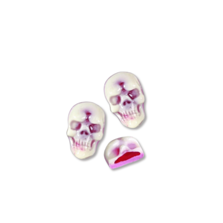 12 caramelos con forma de calavera y centro de fresa.