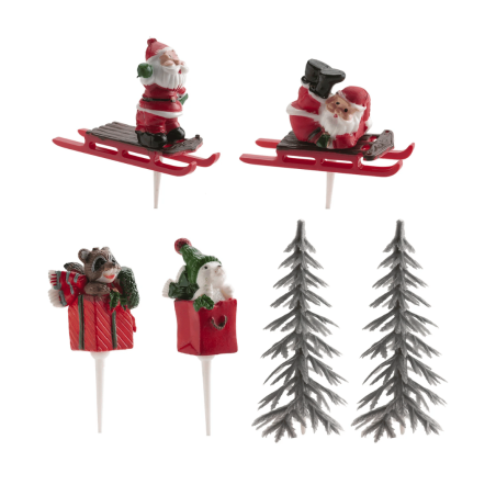 6 adornos para un tronco de Navidad: árboles de Navidad, Papá Noel y regalos.