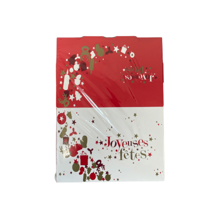 6 mini cajas para troncos de Navidad en cartón rojo y blanco con la inscripción "Felices Fiestas".