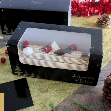 Caja de madera negra con ventana e inscripción "felices fiestas"