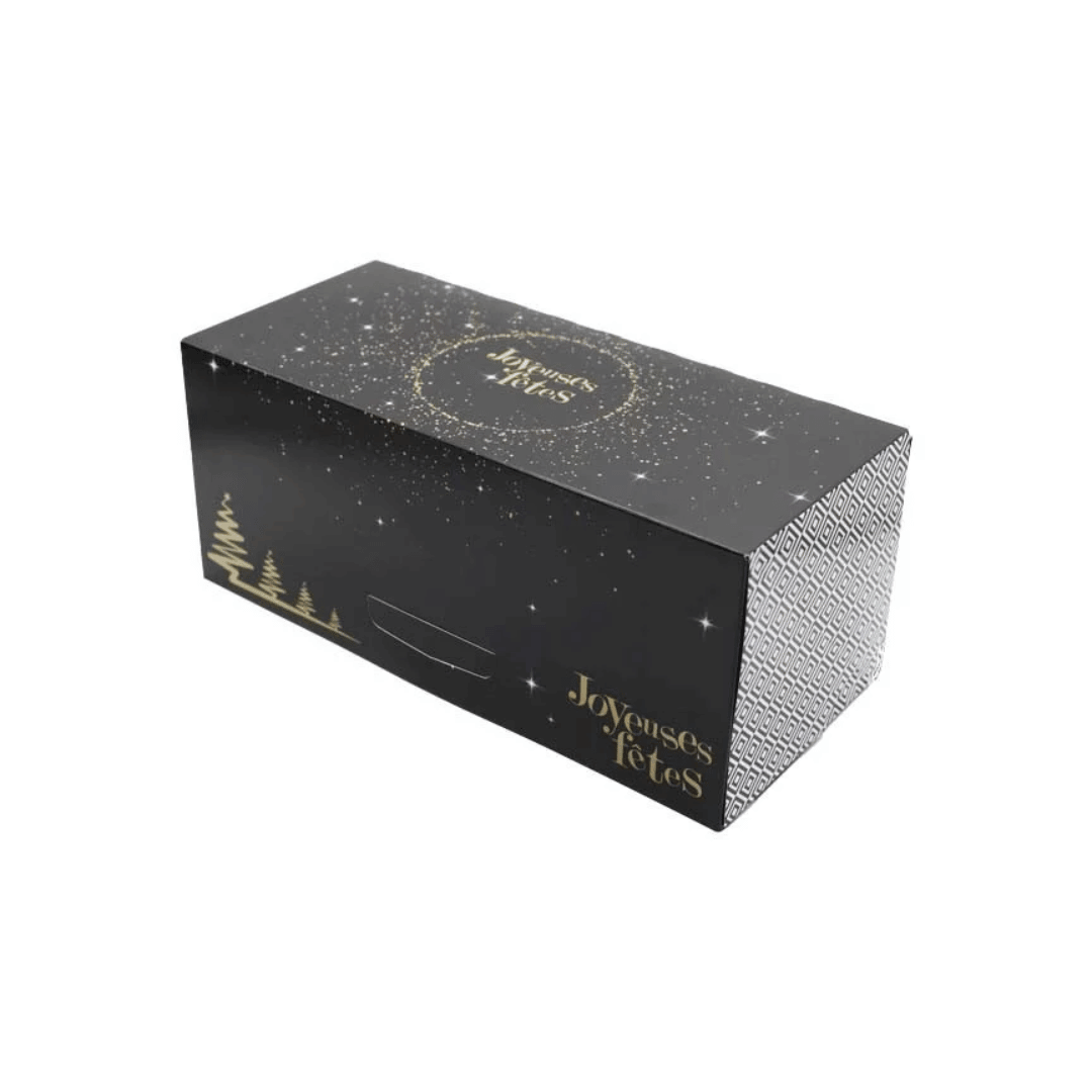 Caja de madera negra para leña con la inscripción "Felices Fiestas" - elegante