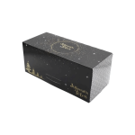 Caja de madera negra para leña con la inscripción "Felices Fiestas" - elegante
