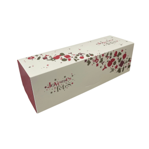 Caja de leña blanca y roja con motivos navideños, felices fiestas