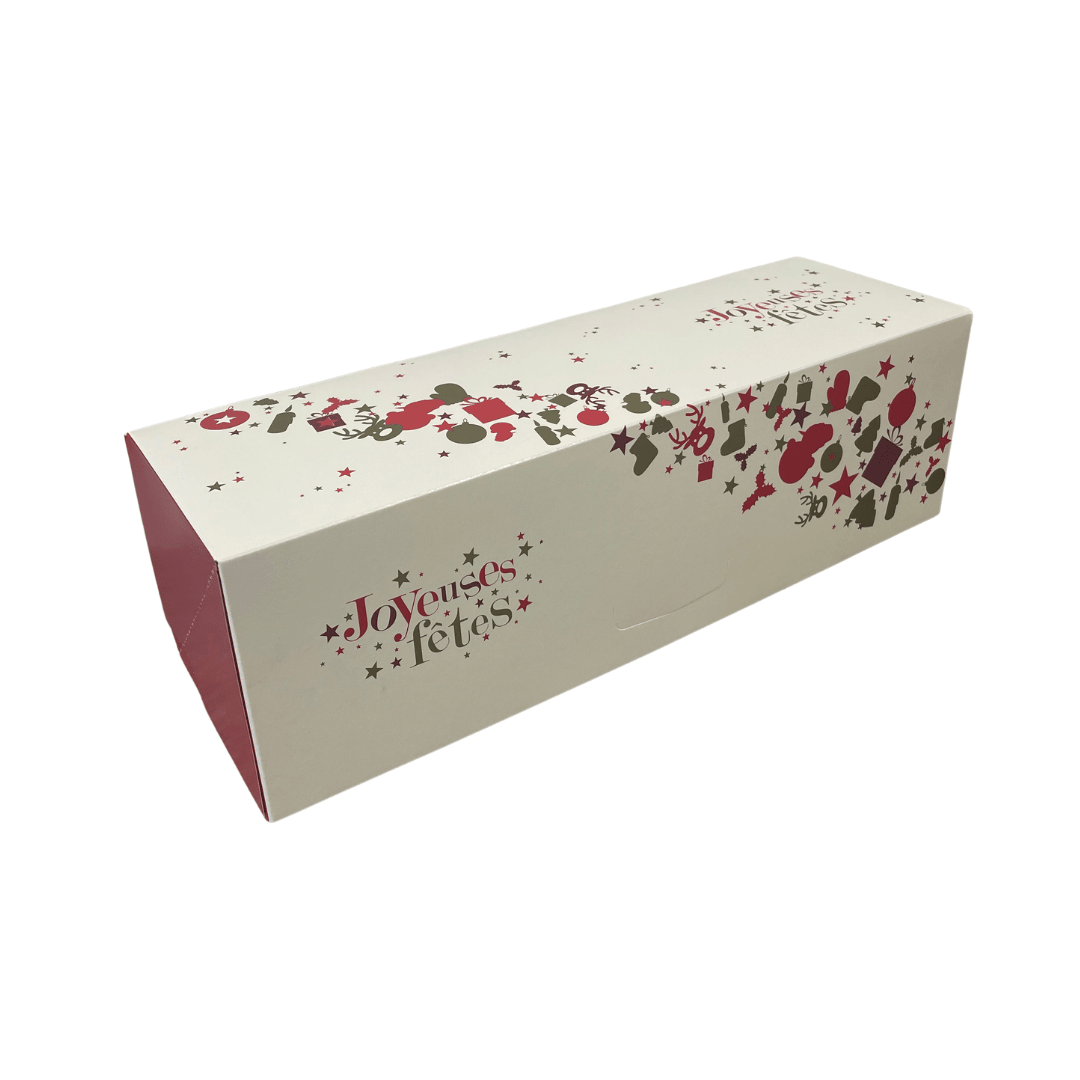 Caja de leña blanca y roja con motivos navideños, felices fiestas
