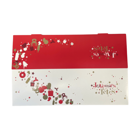 Caja para tronco de Navidad con la inscripción "Felices Fiestas" y motivos navideños.