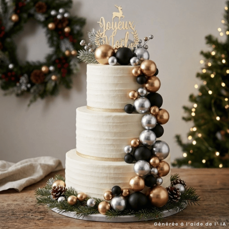 Idea para decorar una tarta navideña con adornos dorados, plateados y negros.