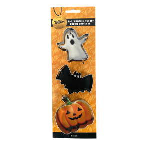 3 cortadores de galletas de Halloween: calabaza, fantasma y murciélago.
