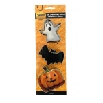 3 cortadores de galletas de Halloween: calabaza, fantasma y murciélago.