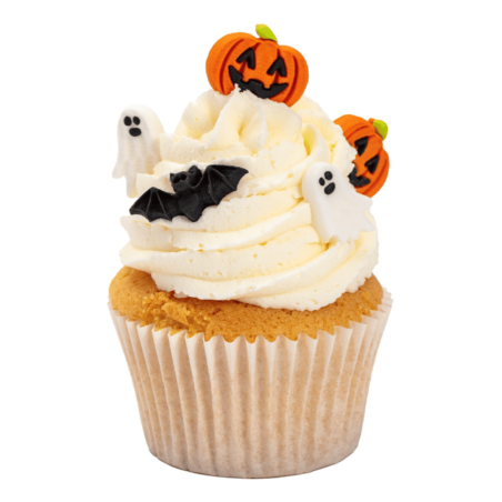 Decoraciones de azúcar con forma de calabaza y fantasma para cupcakes de Halloween.